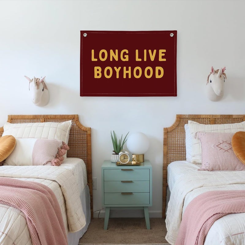 PLKMN Long Live Boyhood Linen Banner – Boys Room Wall Hanging, Playroom & Nursery Decor, Toddler Room Flag, Aesthetic Boys Bedroom Sign – Burgundy & Mustard Yellow - Image 5